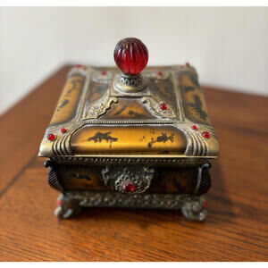 Ganz Trinket Box Jeweled Red Rhinestone Lidded Multicolor Enamel Heavy Square